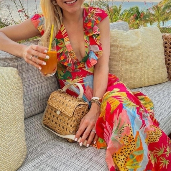 Farm Rio- Tropical Jungle Midi Dress Size S Red Deep V Summer Flutter Sleeves - Picture 1 of 16
